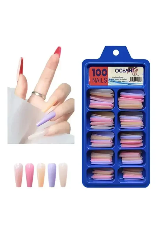 126 - 100 talikli qutili balerina protez yopishtiriladigan tirnoqlar - Ko'p rangli - OCEAN