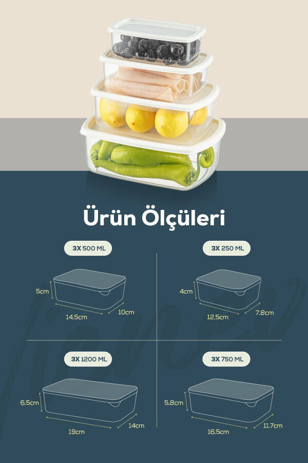 12'li Hava Geçirmez Saklama Kabı Seti Gri 3x(250-500-750-1200 ML) - Gri - 8