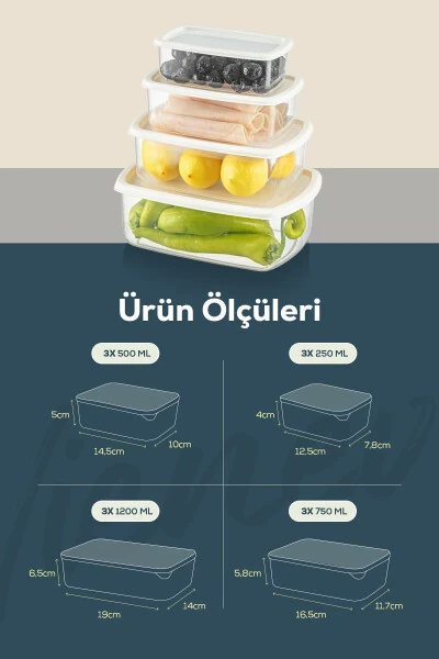 12'li Hava Geçirmez Saklama Kabı Seti Gri 3x(250-500-750-1200 ML)-Gri - 8