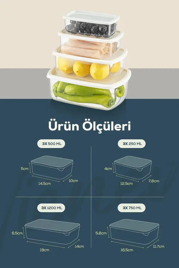 12'li Hava Geçirmez Saklama Kabı Seti Gri 3x(250-500-750-1200 ML)-Gri - 8