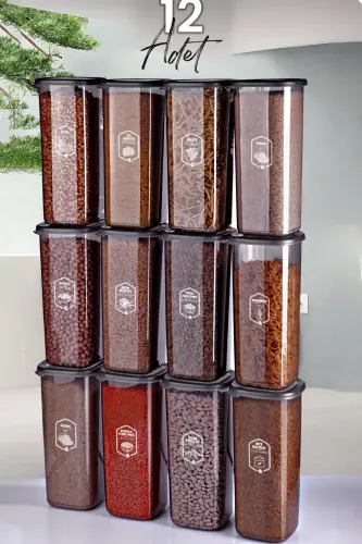 12'li Jumbo Boy Etiketli Square Kare Erzak Saklama Kabı Seti 1700 ml - Sert Kapak Büyük Kavanoz-Antrasit Siyah Şeffaf TK11 - 1