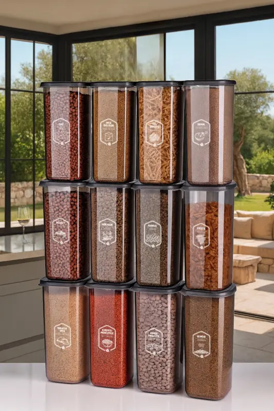 12'li Jumbo Boy Etiketli Square Kare Erzak Saklama Kabı Seti 1700 ml - Sert Kapak Büyük Kavanoz-Antrasit Siyah Şeffaf TK11 - 5