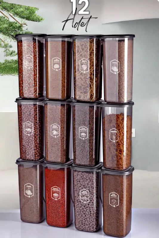 12'li Jumbo Boy Etiketli Square Kare Erzak Saklama Kabı Seti 1700 ml - Sert Kapak Büyük Kavanoz - Antrasit Siyah Şeffaf TK11 - 1
