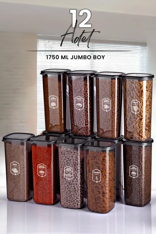 12'li Jumbo Boy Etiketli Square Kare Erzak Saklama Kabı Seti 1700 ml - Sert Kapak Büyük Kavanoz - Antrasit Siyah Şeffaf TK11 - 4