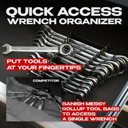 12pc MM/Metric TIGHTSPOT Ratcheting Wrenches - With Quick Access Wrench Organizer - Our standard in combination wrench sets from gear to tip - JAEGER (1)