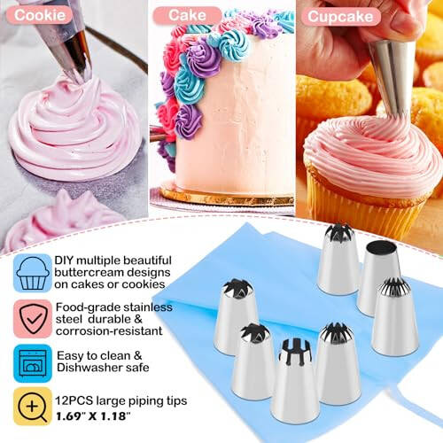 12PCS Large Piping Tips Set, Stainless Steel frosting tips with Reusable Pastry Bag, Cake Decorating Tips Set for DIY Pastry Dough, Cookie, Cupcake, Cake - 4