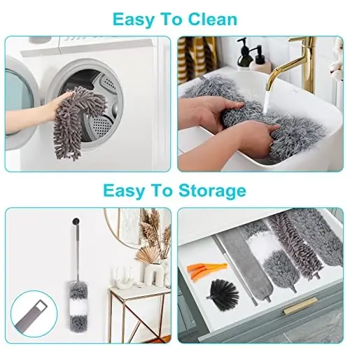 12pcs Microfiber Dusters, Duster with Extension Pole(Stainless Steel) 30 to 100'', Washable Dusters, Bendable Extendable Long Feather Duster for Cleaning Fan, High Ceiling, Blinds, Furniture, Cars - 5