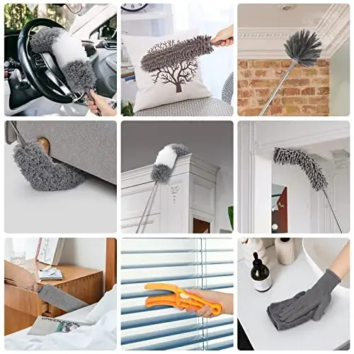 12pcs Microfiber Dusters, Duster with Extension Pole(Stainless Steel) 30 to 100'', Washable Dusters, Bendable Extendable Long Feather Duster for Cleaning Fan, High Ceiling, Blinds, Furniture, Cars - 6