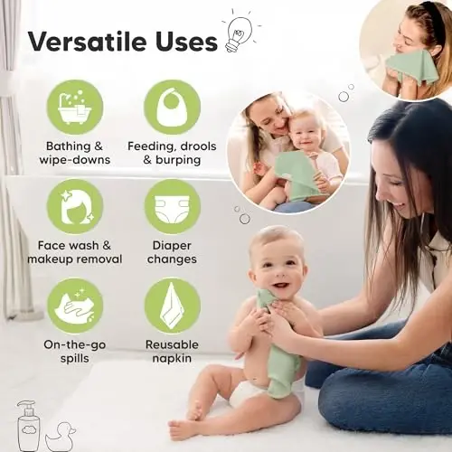 12pk Baby Washcloths, Soft Absorbent Washcloths for Face, Body (Pistachio) | Viscose from Bamboo Washcloths, Baby Towels, Newborn, Kids, Toddlers, Infant, Gentle on Sensitive Skin, 10x10, Reusable - 6