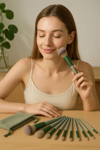 13 Piece Professional Makeup Brush Set (Green) - ONE STEP BEAUTY