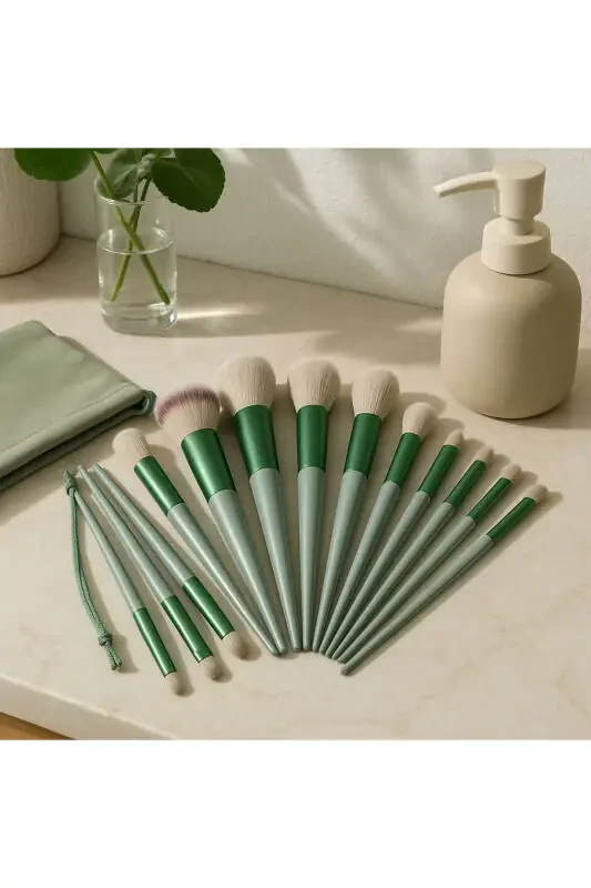 13 Piece Professional Makeup Brush Set (Green) - 2