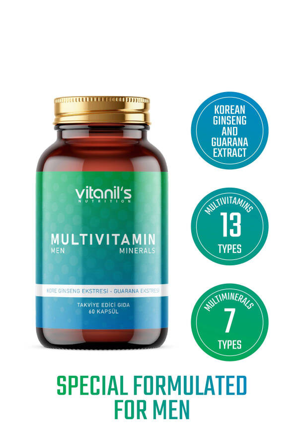 13 Tip Vitamin Mineral Multivitamin Mineraller Erkekler 30 Kapsül Kore Ginsengi & Guarana - 2