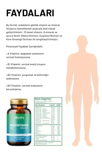 Multivitamin Minerals Men (13 Tip Vitamin 7 Tip Mineral, Korean Ginseng & Guarana) 60 Kapsül - VITANIL'S NUTRITION (1)