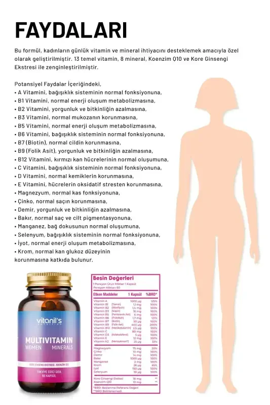 13 Turdagi Vitamin Mineral Multivitamin Minerallar Ayollar uchun 60 Kapsula Kapsula Kore & Koenzim Q10 Ekstrakti - 2