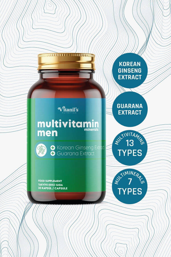 13 Turdagi Vitamin Mineral Multivitamin Minerallar Erkaklar uchun 30 Kapsula Kore Ginsengi & Guarana - 1