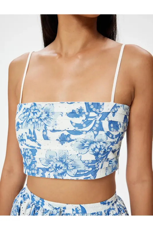 X Melis Ağazat - Çiçekli Fisto Crop Büstiyer İnce Askılı Slim Fit - MAVİ DESENLİ - 2