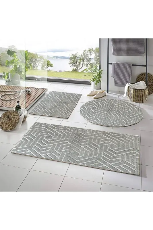 Lüx Armoni Dinarsu Embos 3'lü Banyo Halısı Klozet Takımı -- 50x90--50x60--50x50(YUVARLAK) - Gri - 1