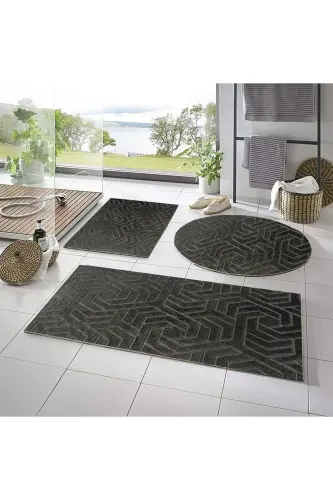 Lüx Armoni Dinarsu Embos 3'lü Banyo Halısı Klozet Takımı -- 50x90--50x60--50x50(YUVARLAK) - Antrasit - 1