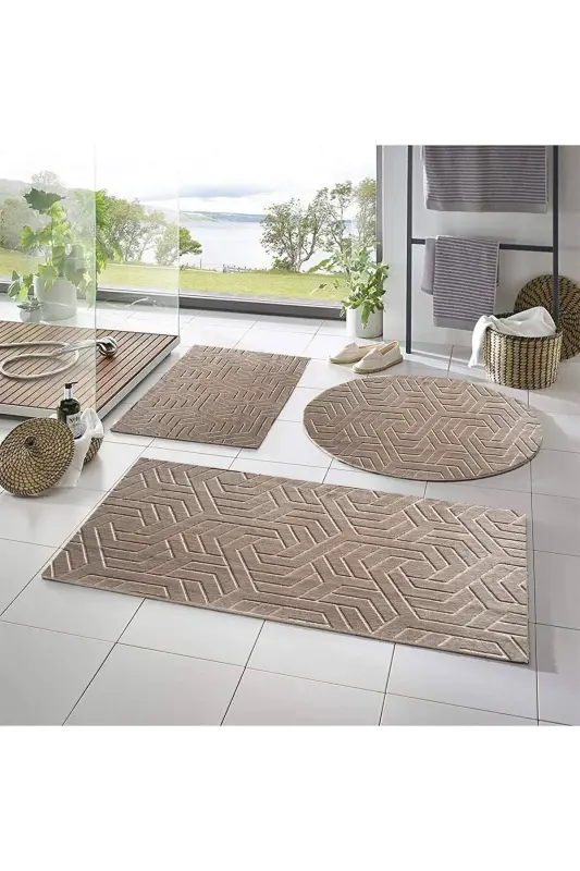 Lüx Armoni Dinarsu Embos 3'lü Banyo Halısı Klozet Takımı -- 50x90--50x60--50x50(YUVARLAK) - Vizon - 1