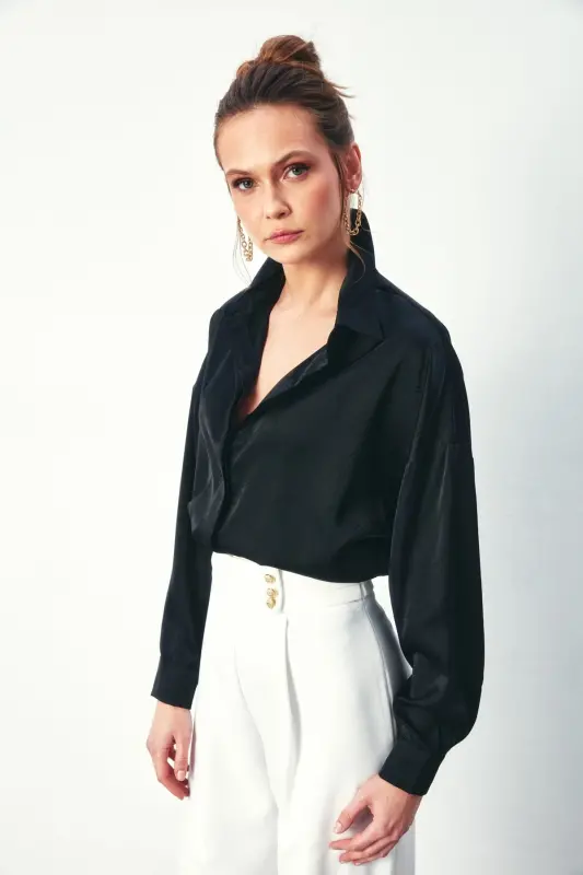 1387-2026 Black Women's Chain Patterned Salash Shirt-BLACK - 1