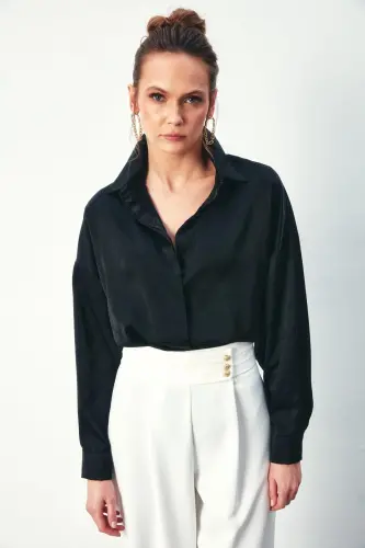 1387-2026 Черная рубашка-салаш с цепочным узором для женщин-ЧЕРНЫЙ - Modazone (1)