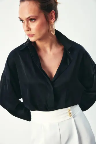 1387-2026 Черная рубашка-салаш с цепочным узором для женщин-ЧЕРНЫЙ - 3