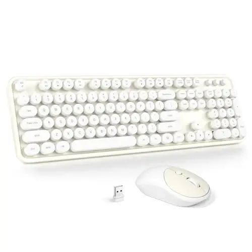 Wireless Keyboard and Mouse Combo - GEEZER Cream-White Full-Sized Colorful Keyboard 104 Keys - USB 2.4 G Receiver Plug and Play with Round Keycap Typewriter Keyboards, for Windows, PC, Laptop, Desktop - 1