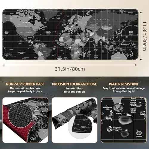 Galdas Mouse Pad for Gaming,XXL XL Large Mouse Mat Long Extended Mousepad Desk Mat Non-Slip Rubber Mice Pads Stitched Edges Thin (31.5 x 11.8 x 0.12 Inches),World Map Background - 3