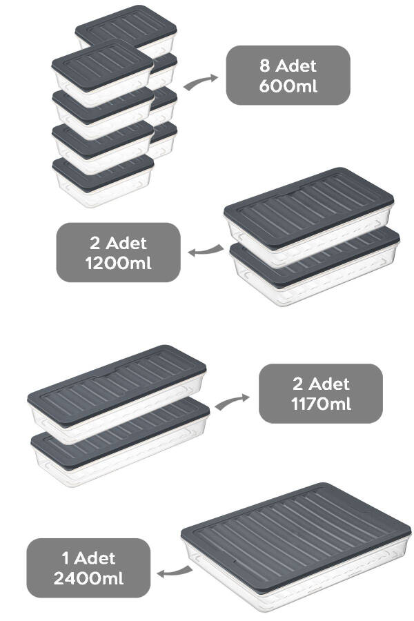 13'lü Buzdolabı Organizer Mikrodalga Ve Dondurucu Uygun Saklama Kabı 1x2400ml-2x1170-2x1200ml-8x600ml - 2