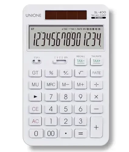 14 Digits Desktop White Calculator with a Bright LCD, Dual Power Handheld Desktop. Color. Business, Office, High School - 1