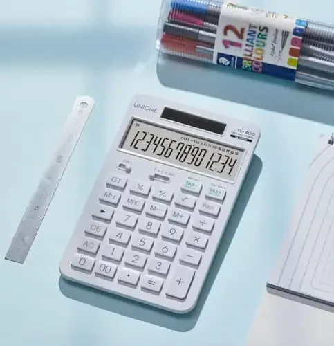 14 Digits Desktop White Calculator with a Bright LCD, Dual Power Handheld Desktop. Color. Business, Office, High School - 2