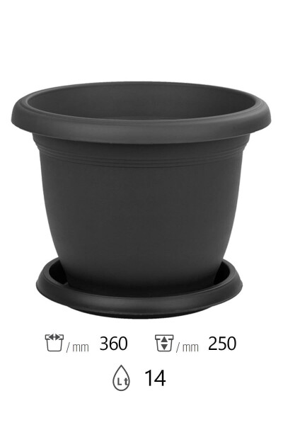 14 liter Ø36x25 cm Round Large Matte Plastic Flower Pot Villa No8 with Tray Anthracite Grey - 5