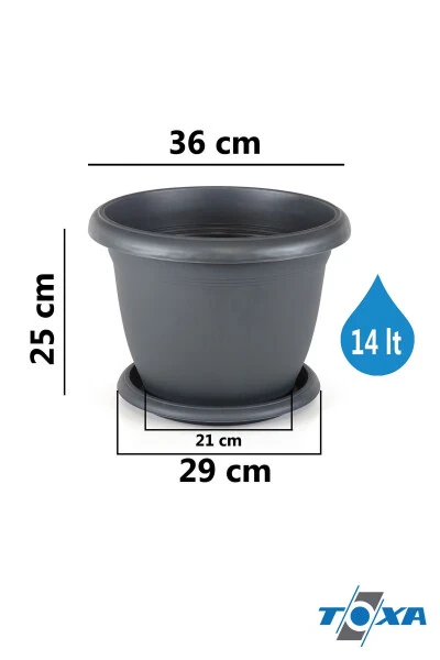 14 litre Ø36x25 cm. Yuvarlak Büyük Boy Mat Plastik Saksı Villa No8 Tabaklı Antrasit Gri-14L - TOXA (1)
