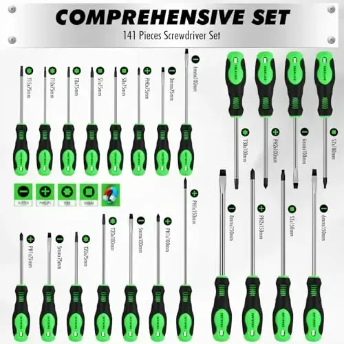 141-Piece Magnetic Screwdriver Set with Plastic Rack, Torx/Slotted/Phillips Precision Screwdrivers, SAE & Metric Hex Key Kit, Ratchet Handle & Screwdriver Bits, DIY Tools for Gift - 3
