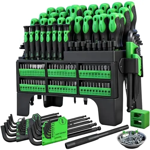 141-Piece Magnetic Screwdriver Set with Plastic Rack, Torx/Slotted/Phillips Precision Screwdrivers, SAE & Metric Hex Key Kit, Ratchet Handle & Screwdriver Bits, DIY Tools for Gift - 1