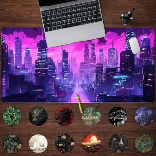 Cyberpunk Neon Purple City Gaming Desk Mouse Pad XL Pink Extended Mouse Pad Gaming, Keyboard Pc Office Laptop Mousepad Large, 31.5x15.8 in with Stitched Eges Non-Slip Base Mouse Pads - 9