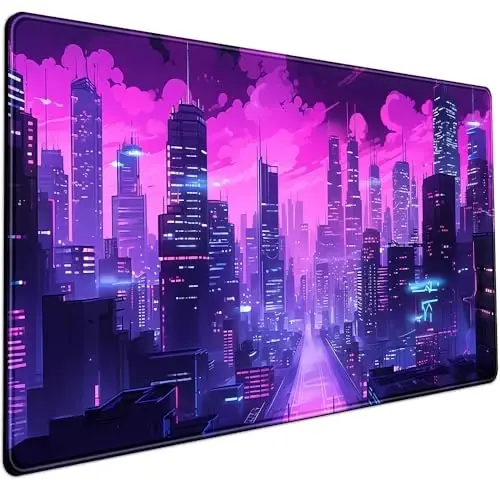 Cyberpunk Neon Purple City Gaming Desk Mouse Pad XL Pink Extended Mouse Pad Gaming, Keyboard Pc Office Laptop Mousepad Large, 31.5x15.8 in with Stitched Eges Non-Slip Base Mouse Pads 