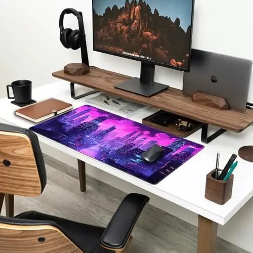 Cyberpunk Neon Purple City Gaming Desk Mouse Pad XL Pink Extended Mouse Pad Gaming, Keyboard Pc Office Laptop Mousepad Large, 31.5x15.8 in with Stitched Eges Non-Slip Base Mouse Pads - 3