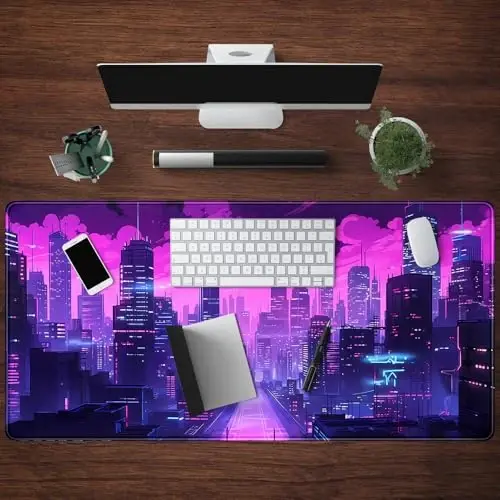 Cyberpunk Neon Purple City Gaming Desk Mouse Pad XL Pink Extended Mouse Pad Gaming, Keyboard Pc Office Laptop Mousepad Large, 31.5x15.8 in with Stitched Eges Non-Slip Base Mouse Pads - 4