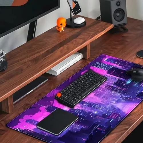 Cyberpunk Neon Purple City Gaming Desk Mouse Pad XL Pink Extended Mouse Pad Gaming, Keyboard Pc Office Laptop Mousepad Large, 31.5x15.8 in with Stitched Eges Non-Slip Base Mouse Pads - 5