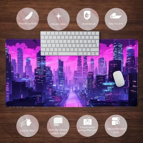 Cyberpunk Neon Purple City Gaming Desk Mouse Pad XL Pink Extended Mouse Pad Gaming, Keyboard Pc Office Laptop Mousepad Large, 31.5x15.8 in with Stitched Eges Non-Slip Base Mouse Pads - 6
