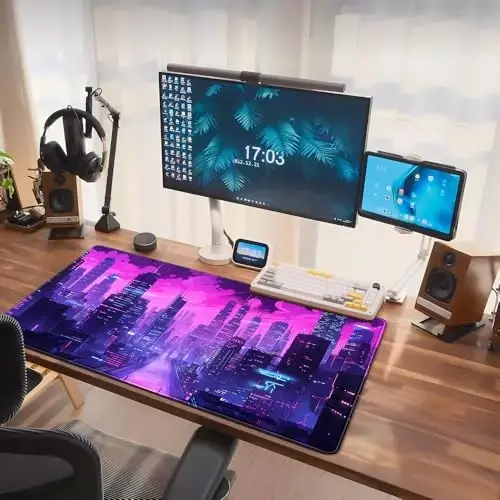 Cyberpunk Neon Purple City Gaming Desk Mouse Pad XL Pink Extended Mouse Pad Gaming, Keyboard Pc Office Laptop Mousepad Large, 31.5x15.8 in with Stitched Eges Non-Slip Base Mouse Pads - 7