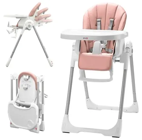 KÜB 3-in-1 Foldable Baby High Chair | 7 Height & 4 Recline Adjustable | Removable Seat & Tray for Easy Clean | 2 Locking Wheels | Multifunctional Infant High chairs for Babies and Toddlers Girl (Pink) - 1