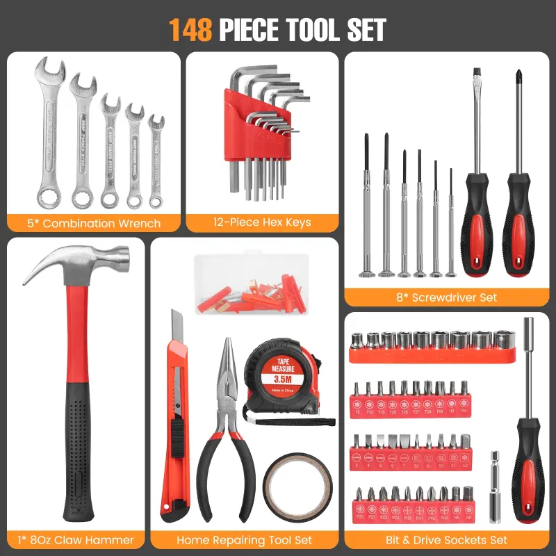 148-Piece Tool Set General Household Hand Kit with Plastic Toolbox Storage Case, Mechanic Basic Home Tool Kit for Men and Women, Includes All Essential Repair Tools for Home Garage and Office, Red - 7