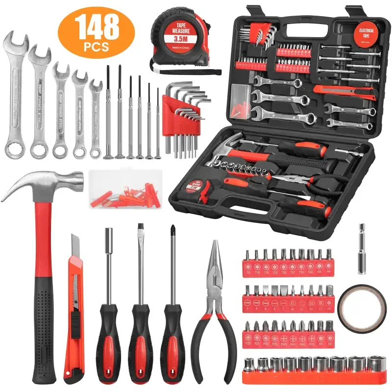 Cshidworld 148-Piece Tool Set General Household Hand Kit with Plastic Toolbox Storage Case, Mechanic Basic Home Tool Kit for Men and Women, All Essential Repair Tools for Home Garage and Office, Red - 1