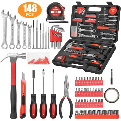148-Piece Tool Set General Household Hand Kit with Plastic Toolbox Storage Case, Mechanic Basic Home Tool Kit for Men and Women, Includes All Essential Repair Tools for Home Garage and Office, Red - 1