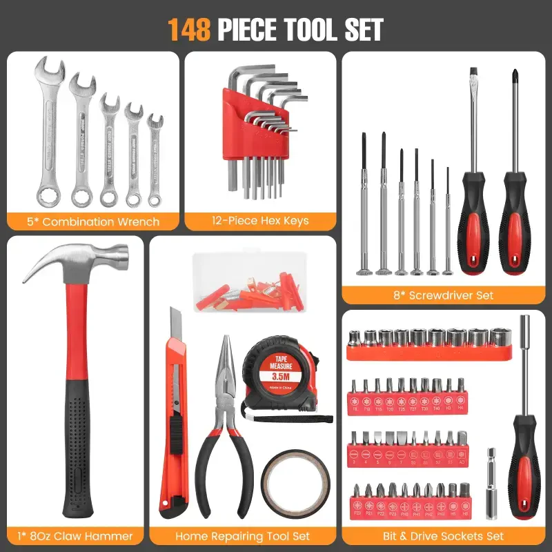 148-Piece Tool Set General Household Hand Kit with Plastic Toolbox Storage Case, Mechanic Basic Home Tool Kit for Men and Women, Includes All Essential Repair Tools for Home Garage and Office, Red - 7