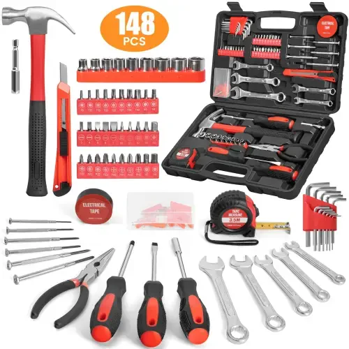 148 Piece Tool Sets All Purpose Household Tool Kit, General Basic Home Repair Tool Set with Toolbox Great for Men and Women, Household Hand Kit for Home Garage Office College Dormitory Use, Red - 1