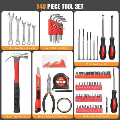 148 Piece Tool Sets All Purpose Household Tool Kit, General Basic Home Repair Tool Set with Toolbox Great for Men and Women, Household Hand Kit for Home Garage Office College Dormitory Use, Red - 7