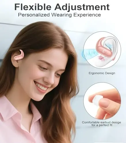 MOZOTER Wireless Earbuds Bluetooth Headphones Sport,Over Ear Buds with Deep Bass Sound,60Hrs Playtime Earphones Redesigned Comfort Fit with Earhooks for Running,Meeting,Workout- Pure Pink - 3